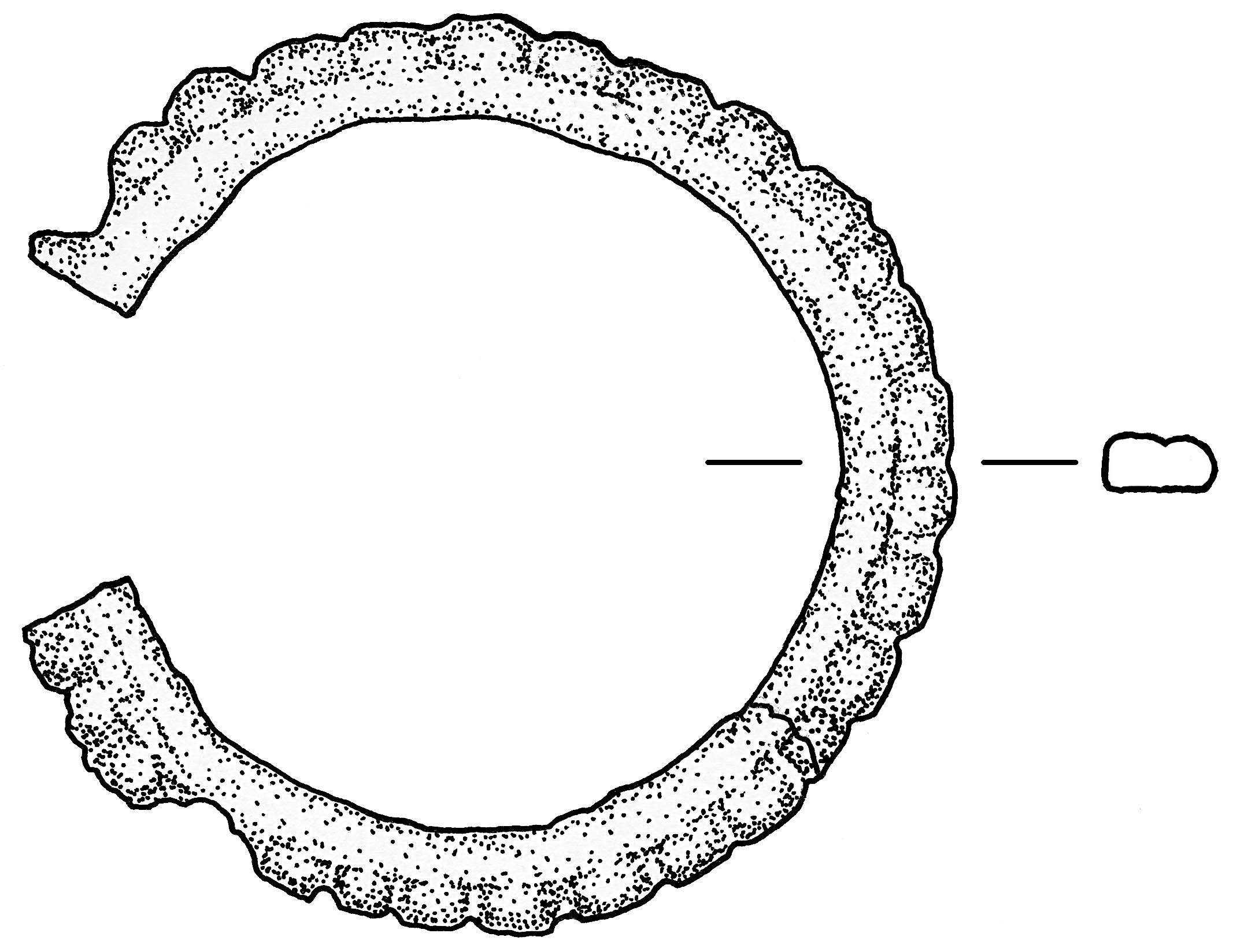 BC 0709A/1594<br>chord length=6.8 cm
inner diameter=5.1 cm
shaft height=0.4 cm
shaft width=0.8 cm
scalloped edges
Object is one of two rings: each has one flat and one convex surface, allowing the rings to fit together as a set. Knobs are 0.5 cm. 