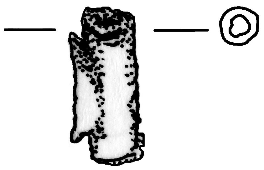 DK 211/380<br>This artifact is a loop of a bell or pendant with a fragment of the bell or pendant still attached. The fragment showed the edge of an original hole in the artifact.